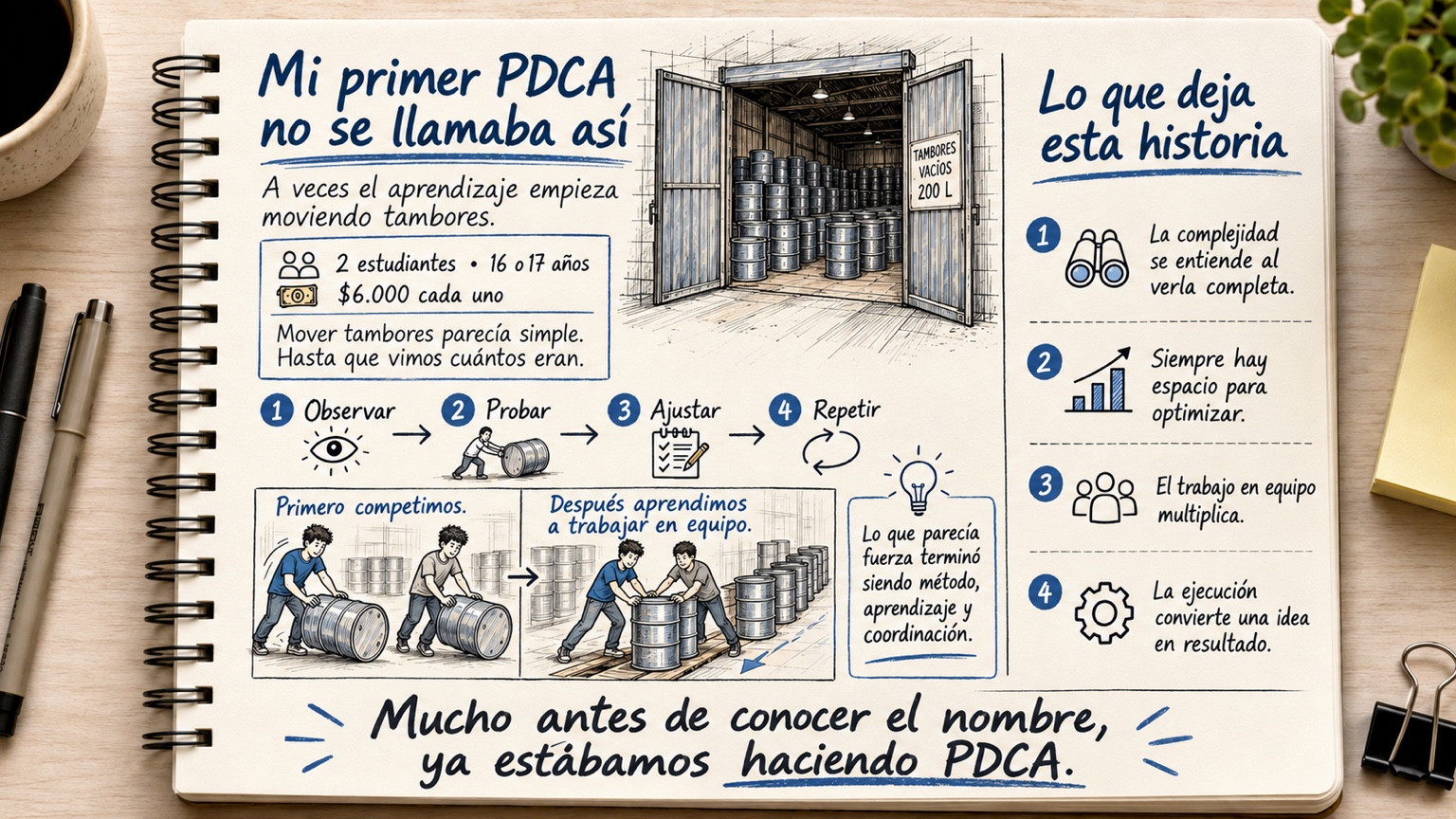 Cuaderno que ilustra la historia de dos jóvenes moviendo tambores y aprendiendo el ciclo PDCA